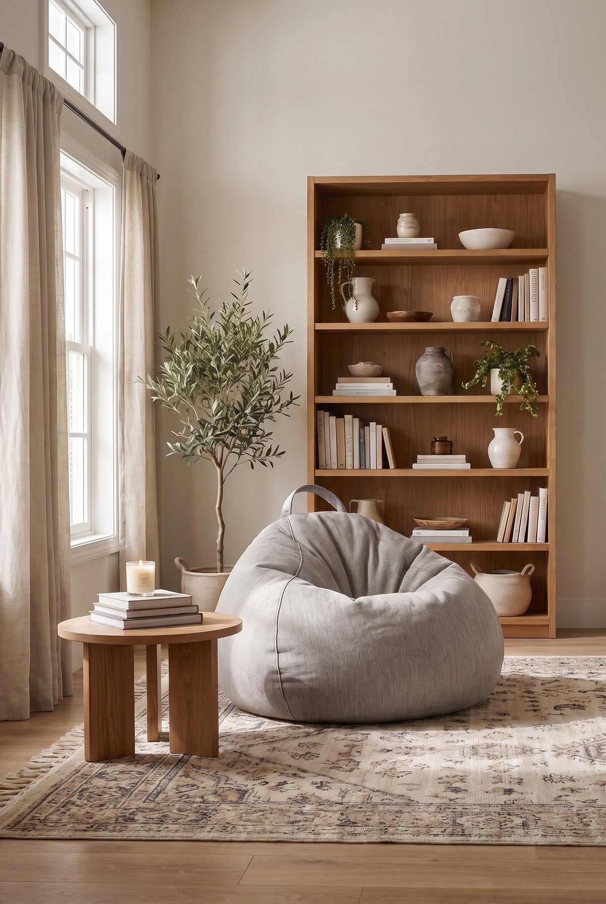 Pouf gris dans un salon lumineux devant une bibliothèque en bois