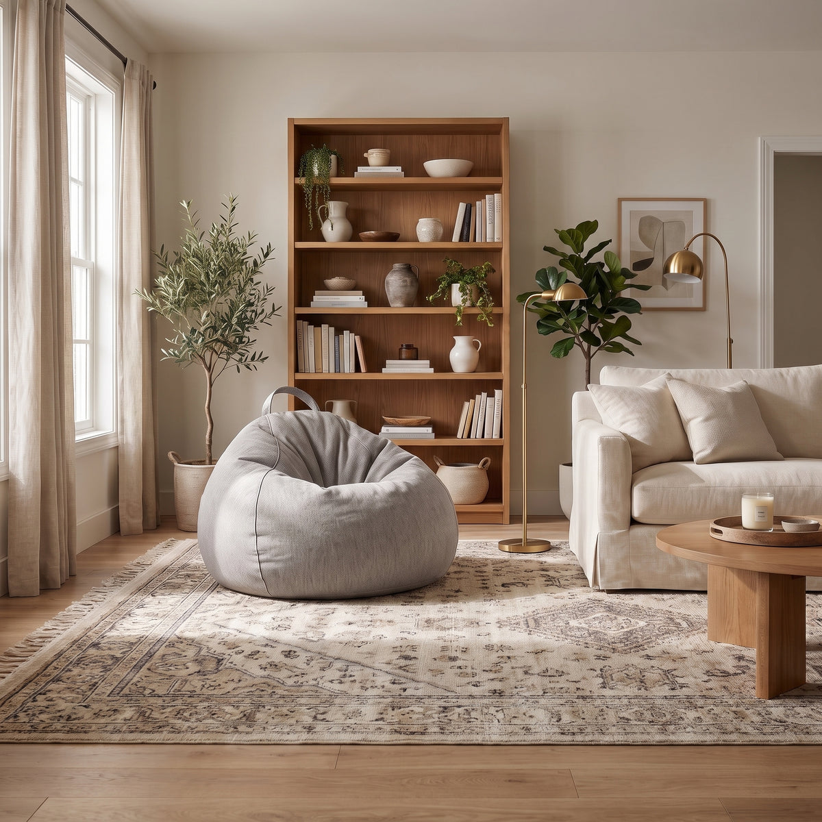 Pouf gris dans un salon beige avec canapé crème et bibliothèque