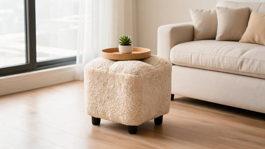 Pouf coffre rangement Le Nook beige bouclette utilisé comme table basse