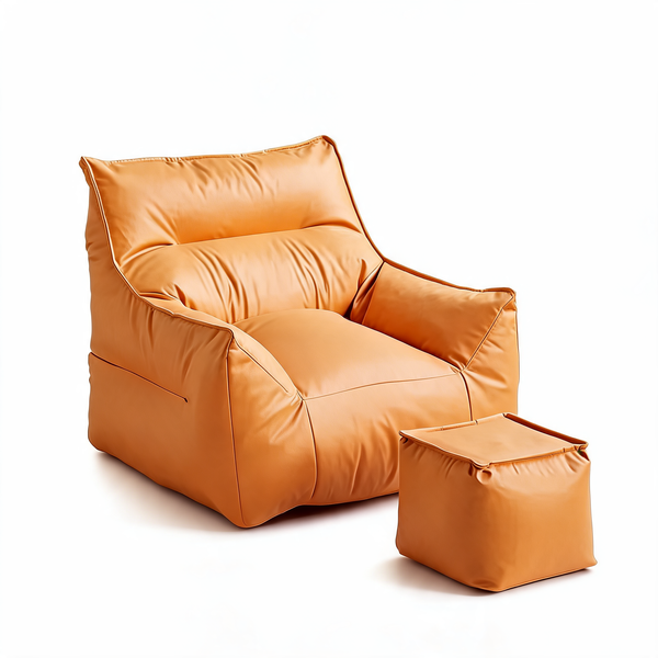 Fauteuil Pouf Design Orange Cuir – Le Calm – Studio fond blanc