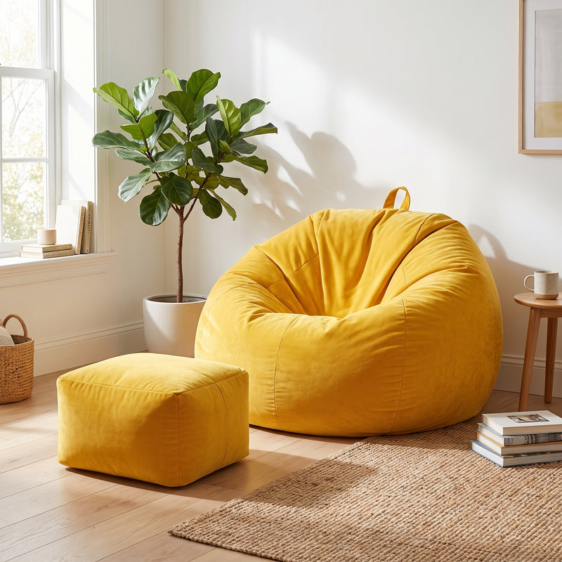 Pouf poire géant jaune Le Halo en salon lumineux
