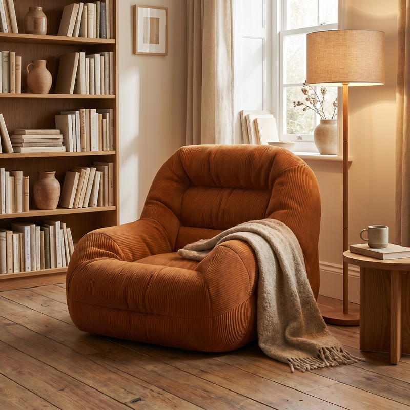 Fauteuil pouf L'Harmony terracotta dans un coin lecture