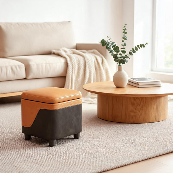 Pouf Cube Rangement Orange et Marron – Le Stash – Lifestyle