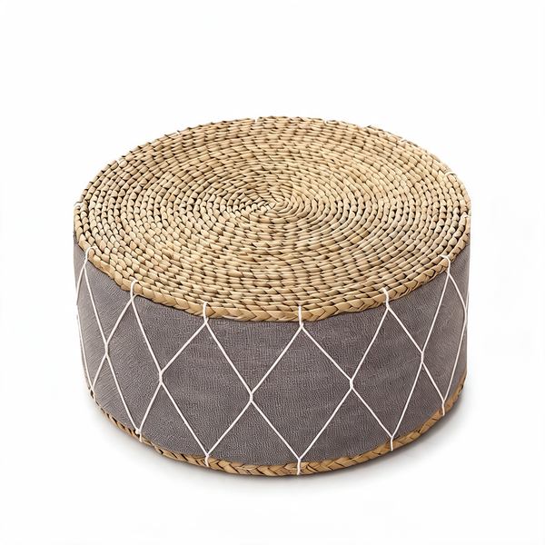 Tabouret Pouf Salon Gris En Rotin – Le Zen – Studio fond blanc